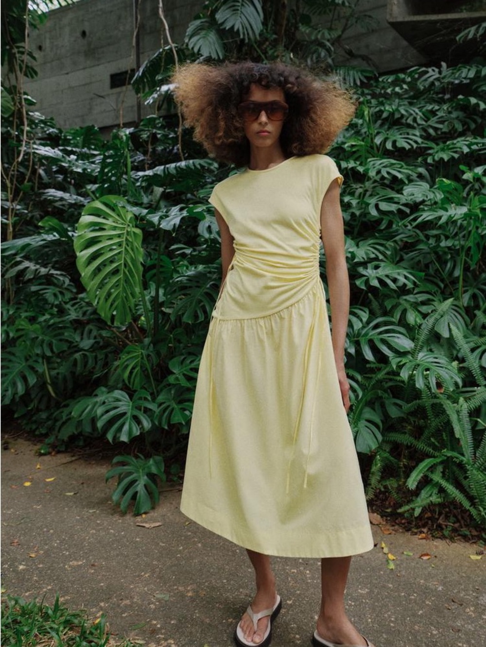 Zara Pale Yellow Ruched-Waist Midi Dress